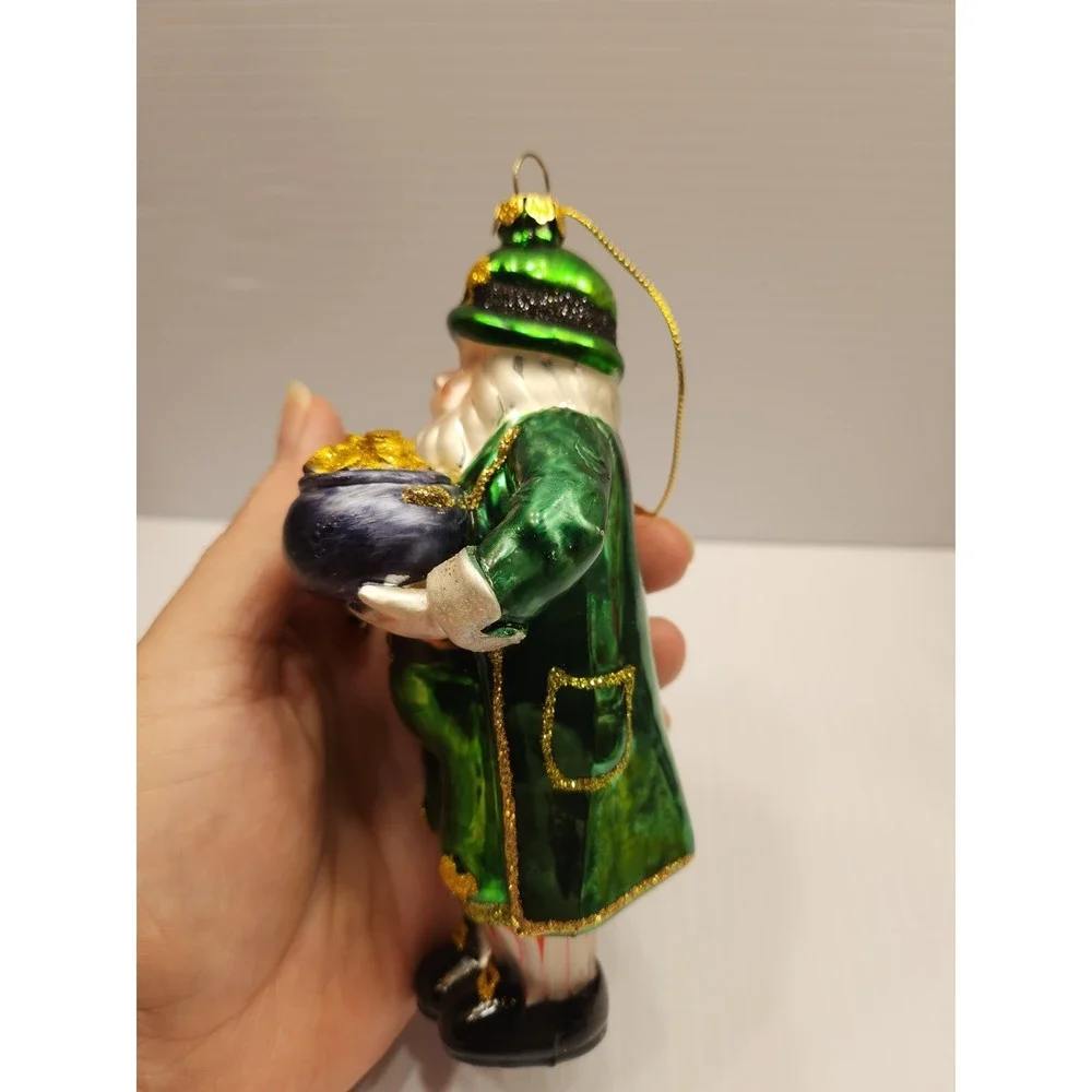 Blown Glass Santa Leprechaun Ornament 6in Glitter Accent, Pot Of Gold Harp,shiny